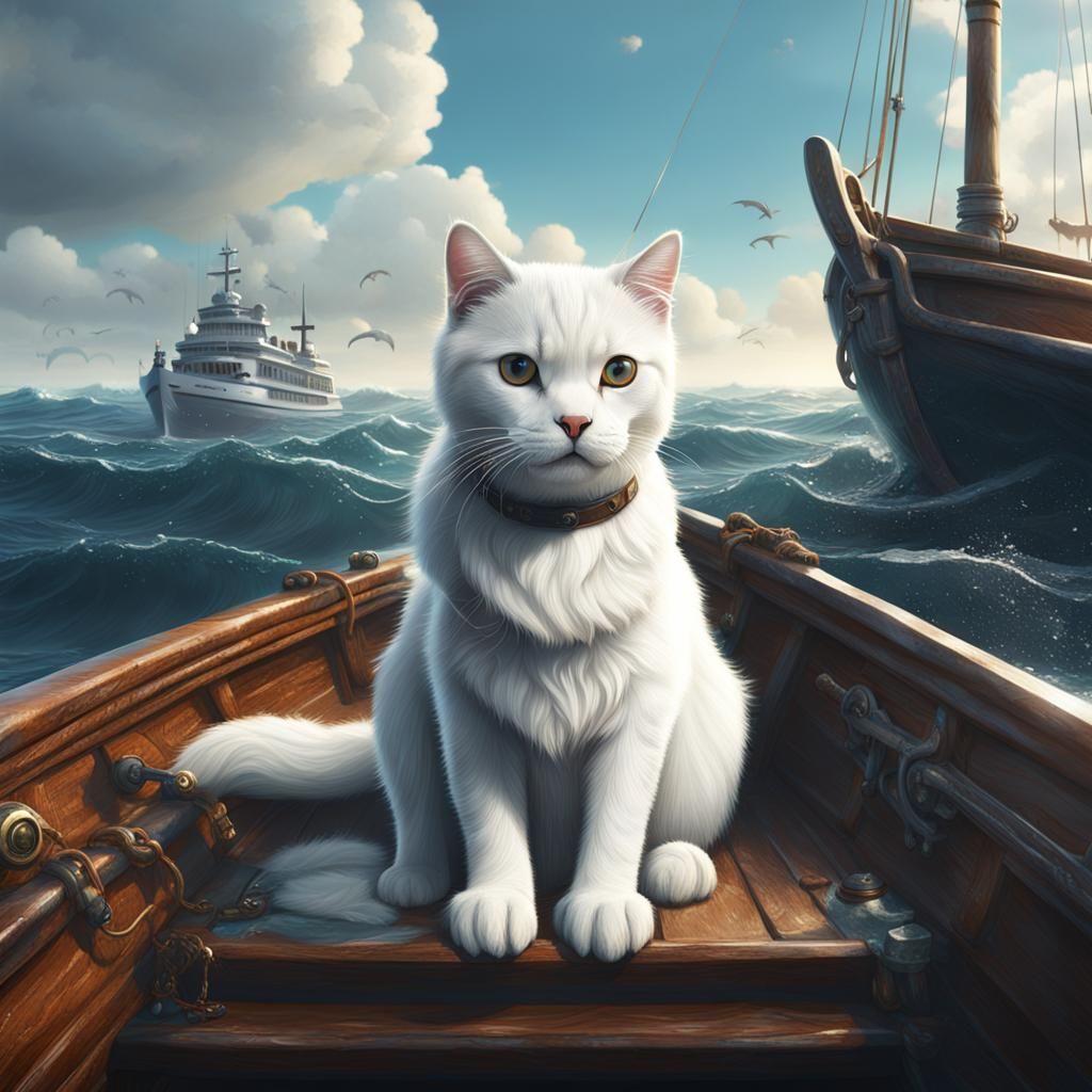 White Cat and Rottweiler on a Boat