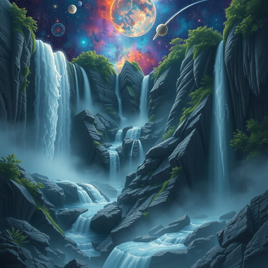 Surreal Space Waterfalls with Skulls and Demon Masks