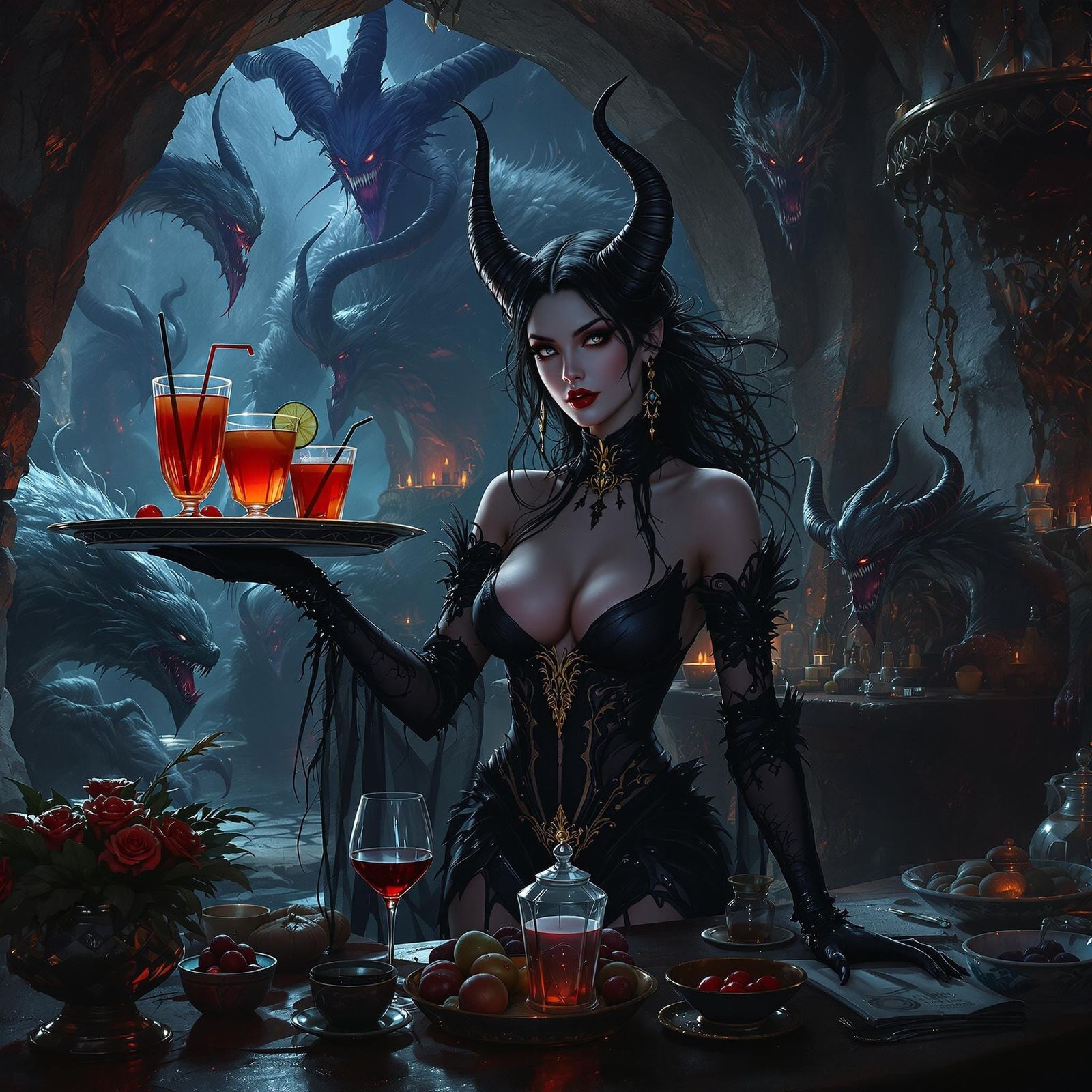 Vampiress Servant in Mythical Tavern: Hyperrealistic Art