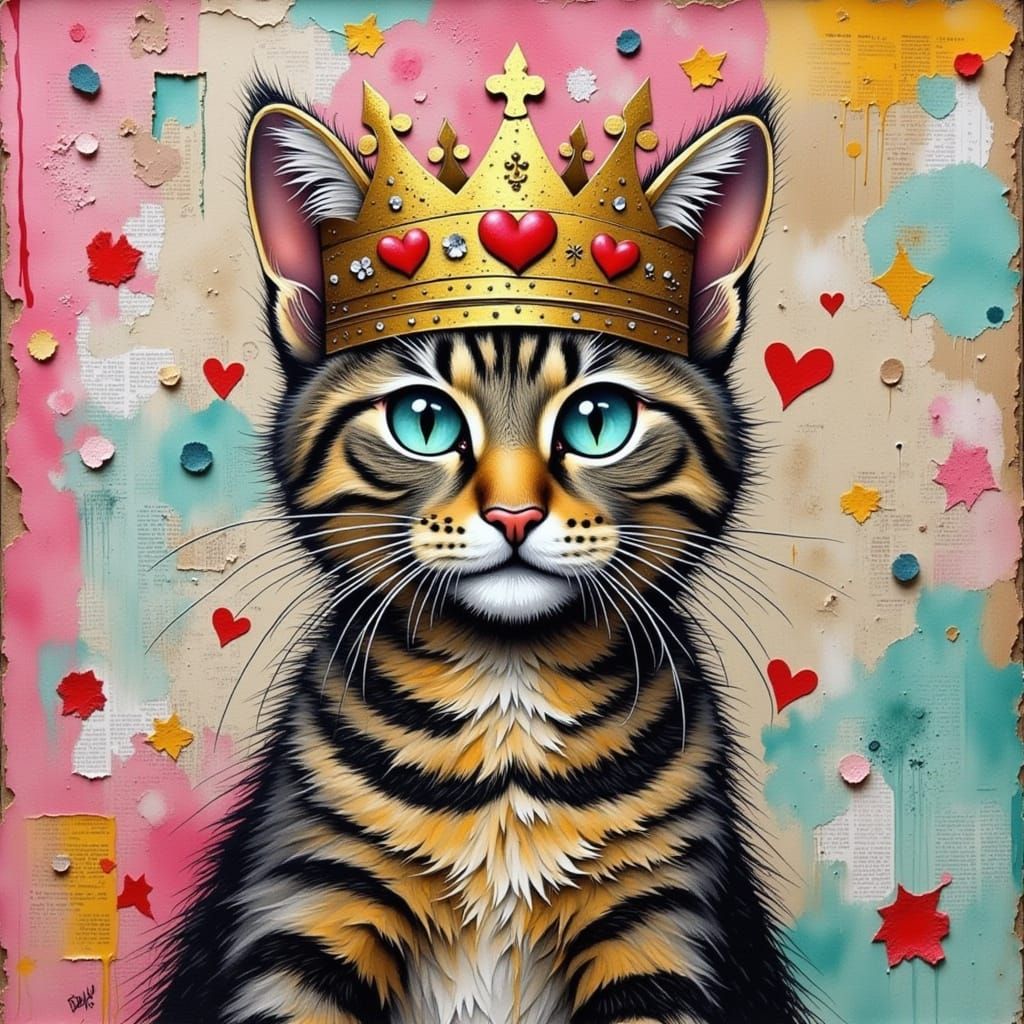 Tabby Cat with Aqua Eyes Wears Golden Crown in Mixed Media S...