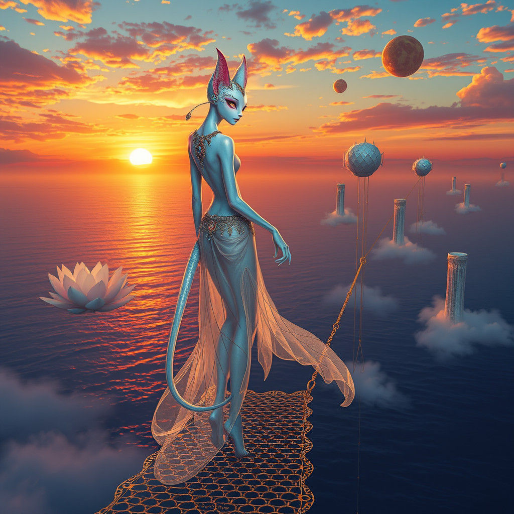 Ethereal Aetherian Over Endless Ocean at Sunset