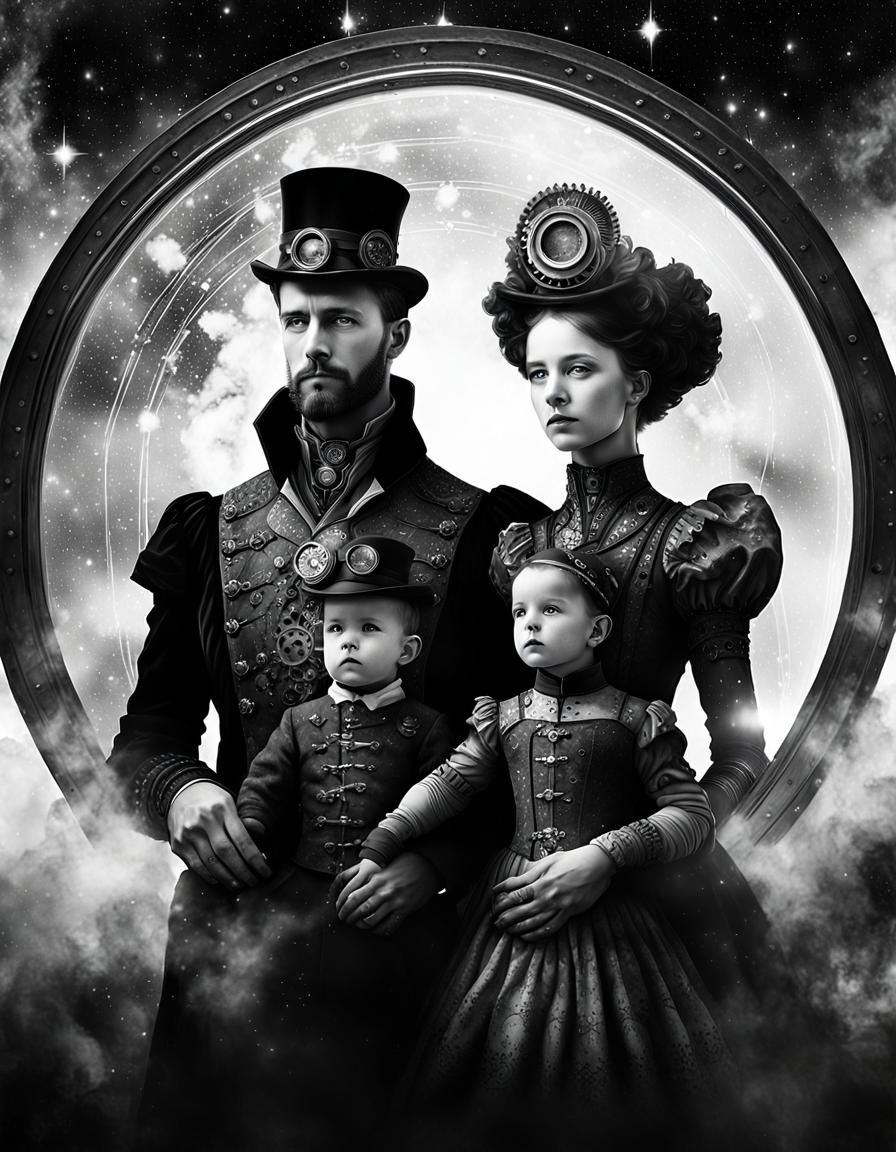 Black and White Portrait of a Steampunk Noble Family v3
