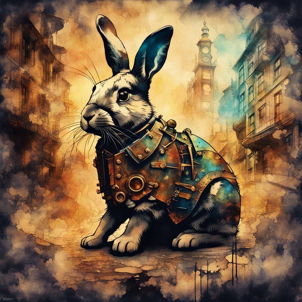 Steampunk Bunny Double Exposure Ink Painting