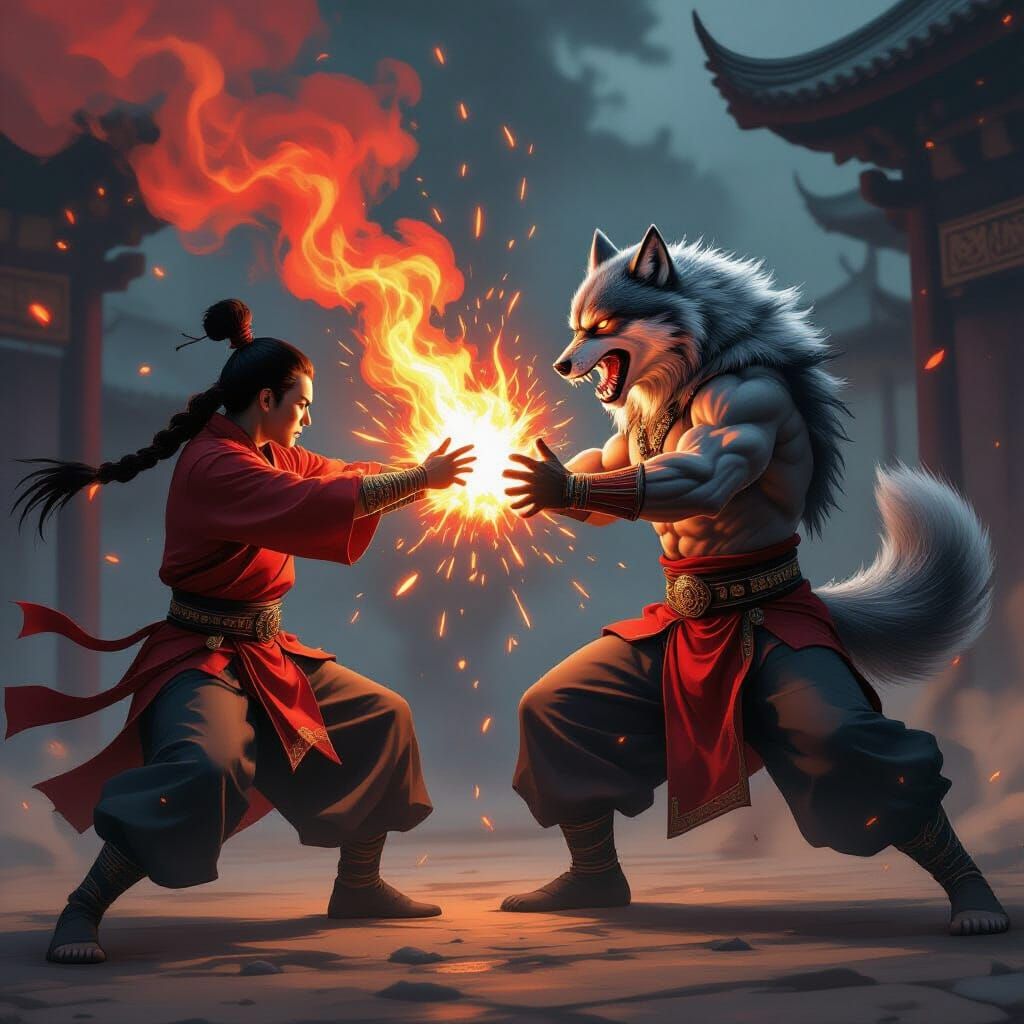 Silat Fighter Battles Fiery Champion and Wolf Form