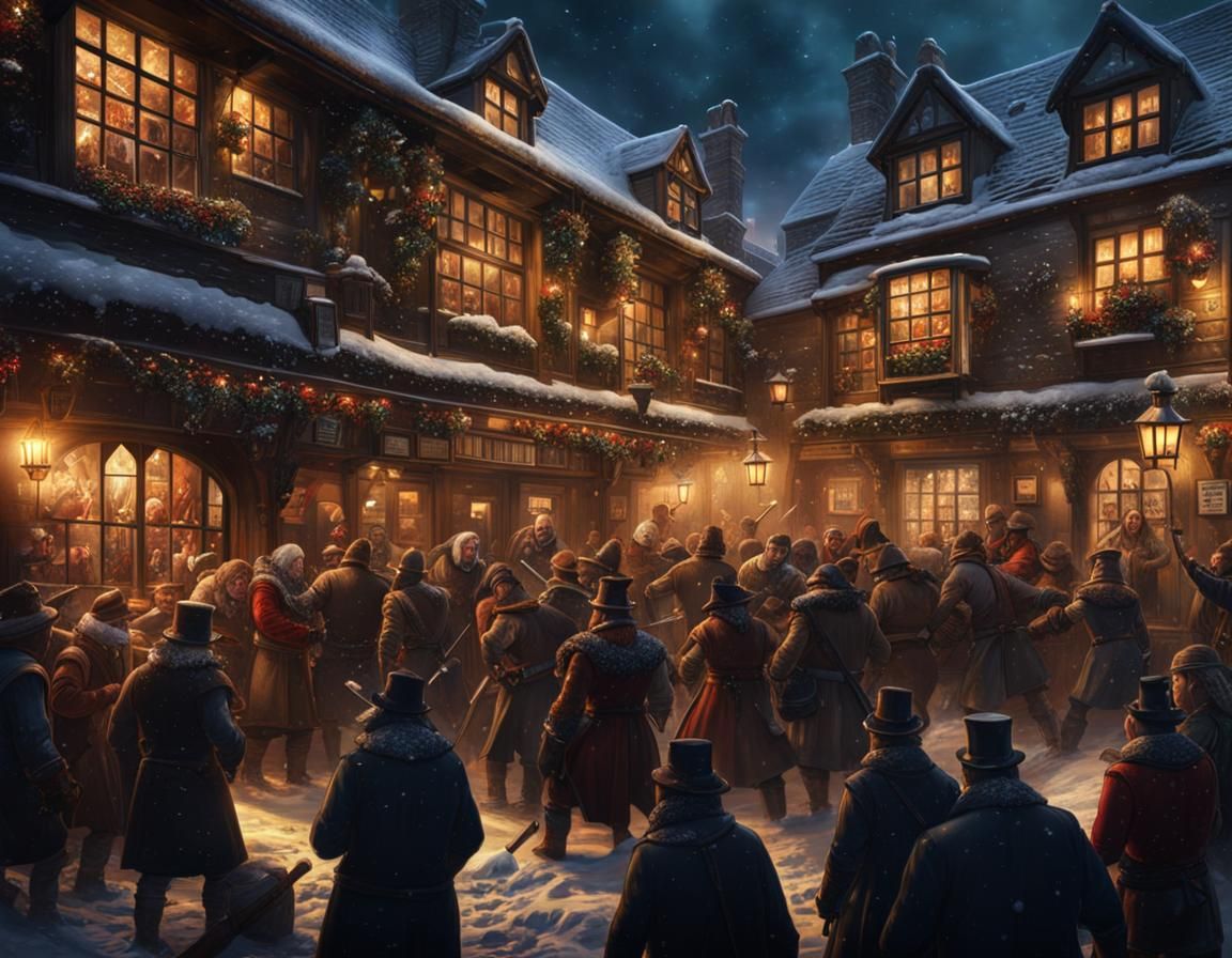 Humorous Winter Brawl in Old English Pub