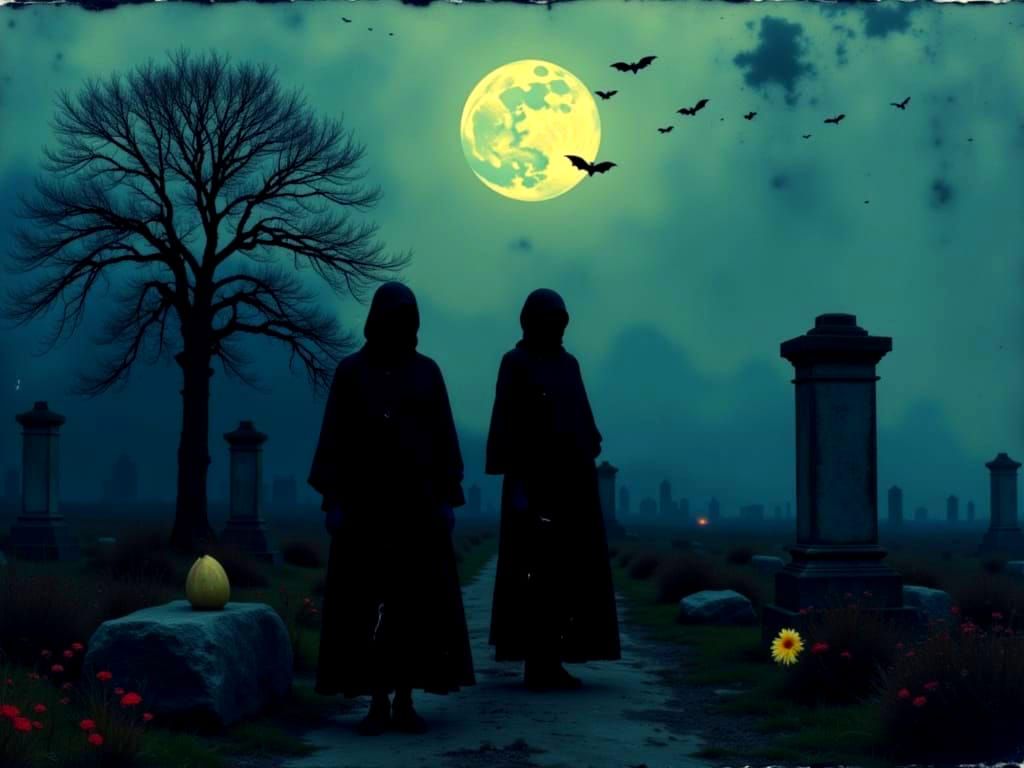 Cinematic Night Cemetery Scene with Ghouls and Bats