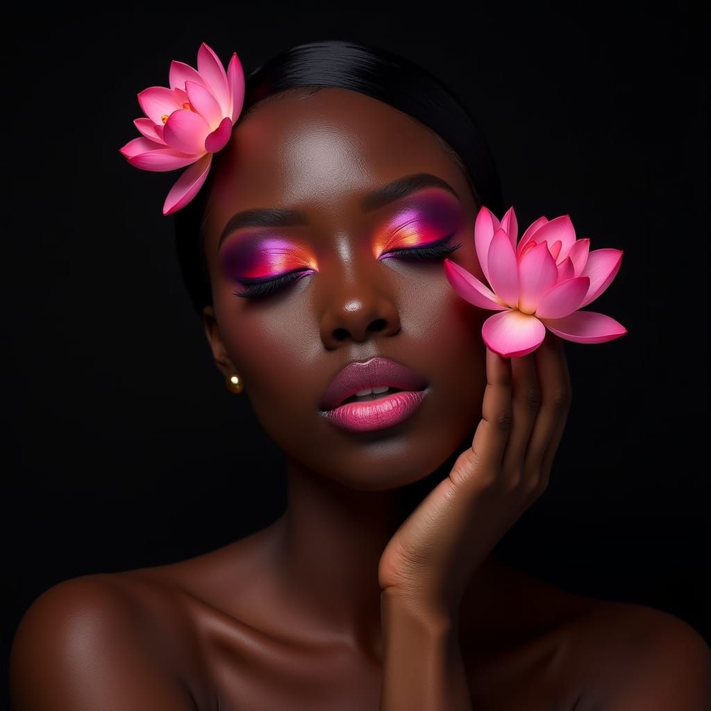 Realistic Portrait of a Dark-Skinned Woman with Sunset Makeu...