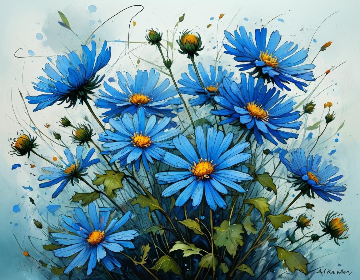 Luminous Blue Asters Dance in Impressionist Whispers