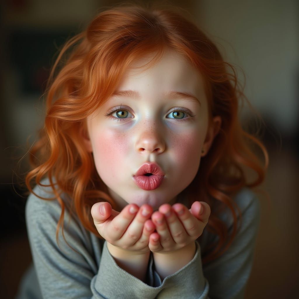 Ginger-Haired Girl Blowing Kisses: Photorealistic Portrait