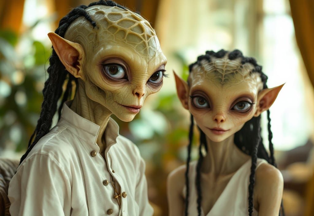 Smiling Alien Family in a Beautiful Home