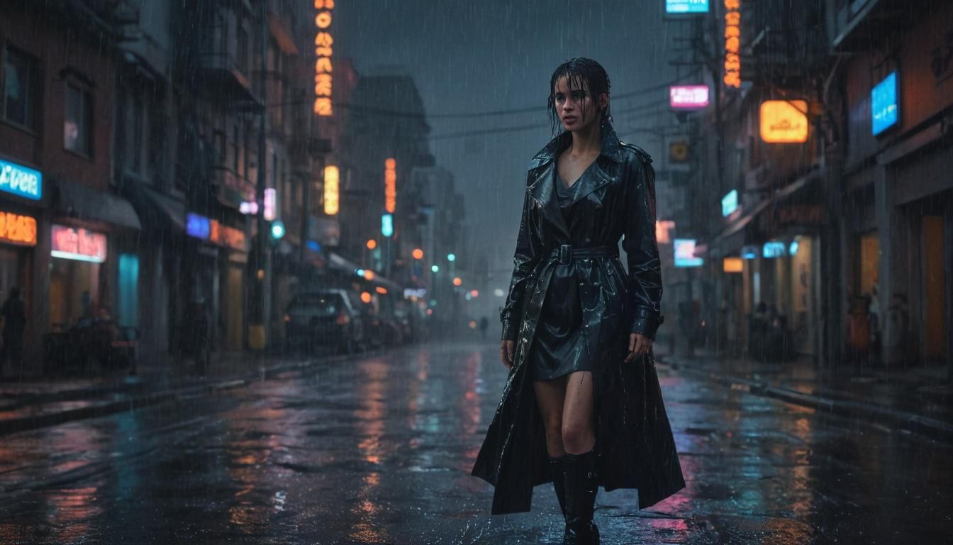 Cyberpunk Cityscape with Sci-Fi Protagonist in Neon Rain