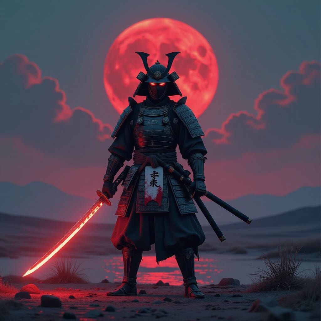 Infernal Samurai on Desolate Plain Under Red Sky
