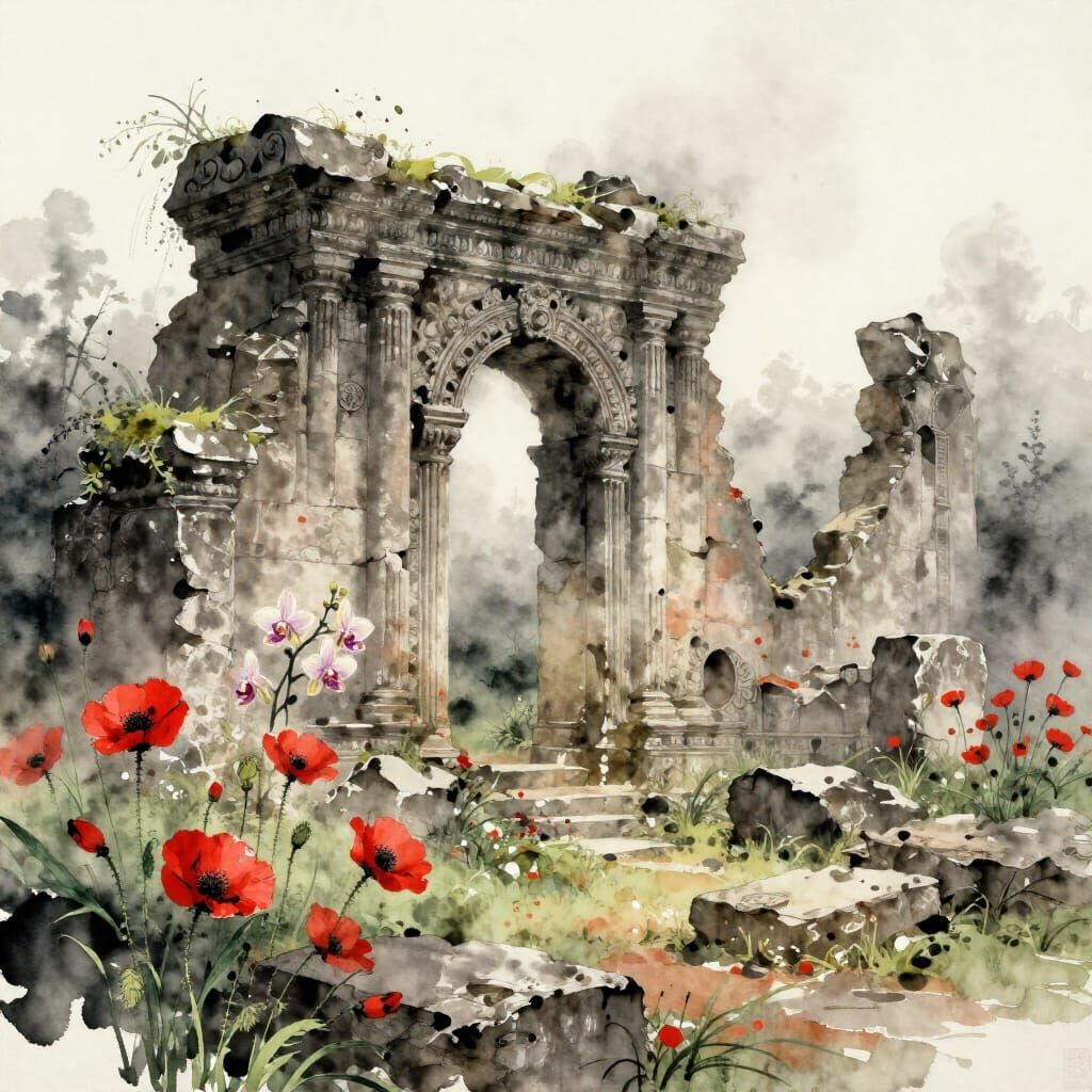 Ancient Ruins Reclaimed by Nature: Poppies and Orchids Bloom