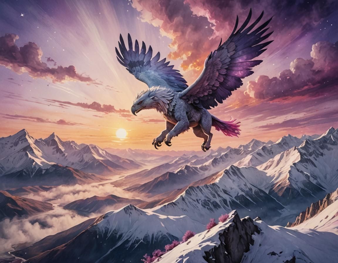 Griffin Flight Over Snowy Peaks in Watercolor Style