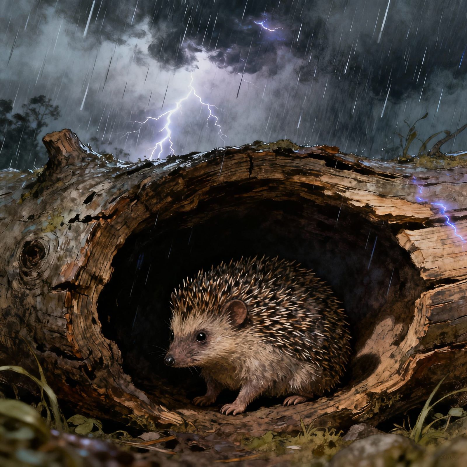 Hedgehog Hiding in Log During Thunderstorm Painting
