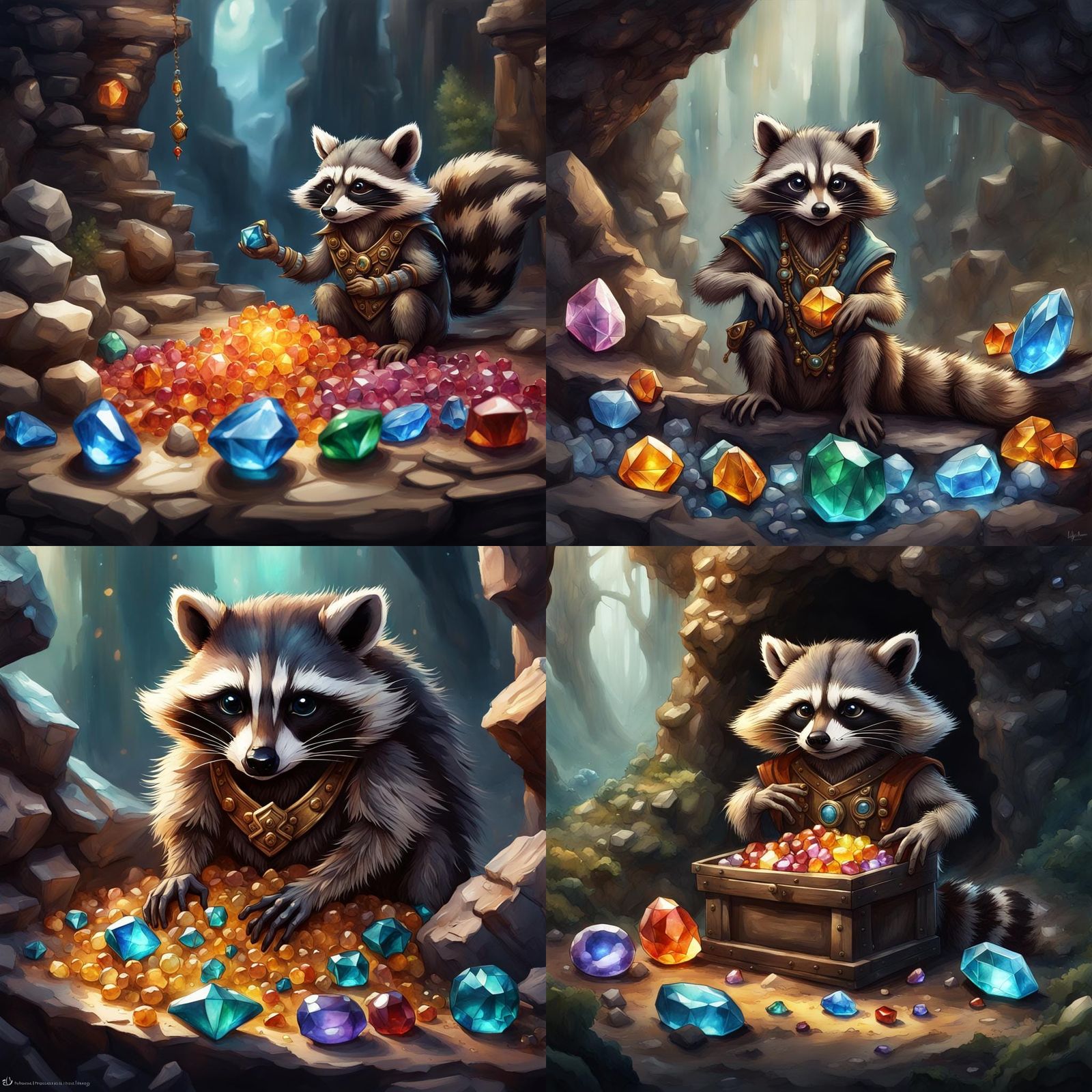 Raccoon's Watercolour Gem Hoard: Detailed Fantasy Art
