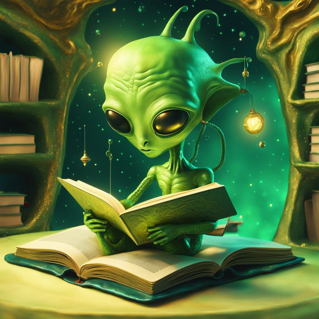 Alien Reading on Spaceship in Surrealist Style