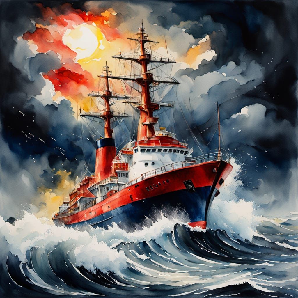 Red Ship on Rough Seas in Watercolor Style