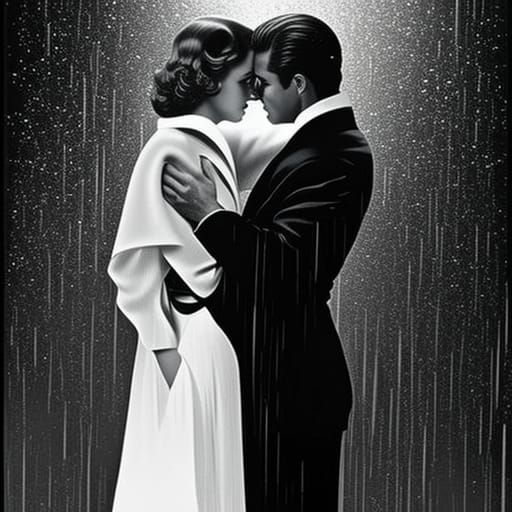 Film Noir Couple in Rainy Embrace: 1930s Style