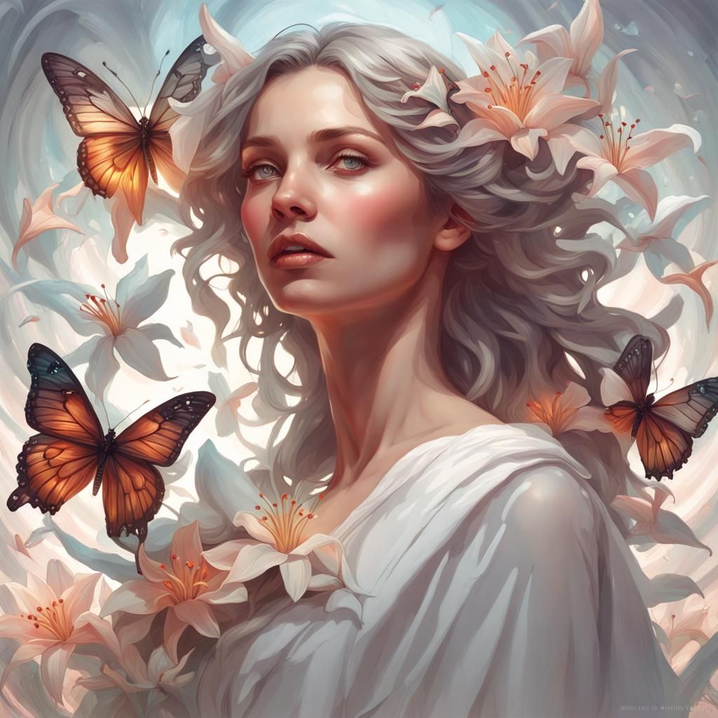 Woman with Butterflies and Lilies: Detailed Portrait