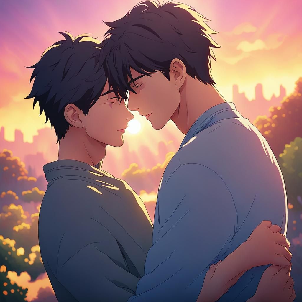 Anime Style: Two Men Embracing at Sunset