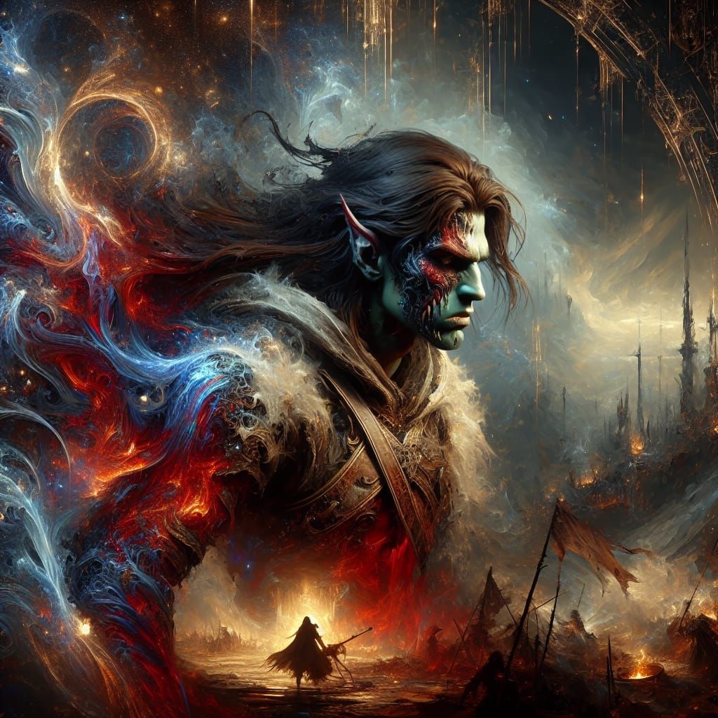 Half-Orc Fighter on Battlefield in Fantasy Art Style