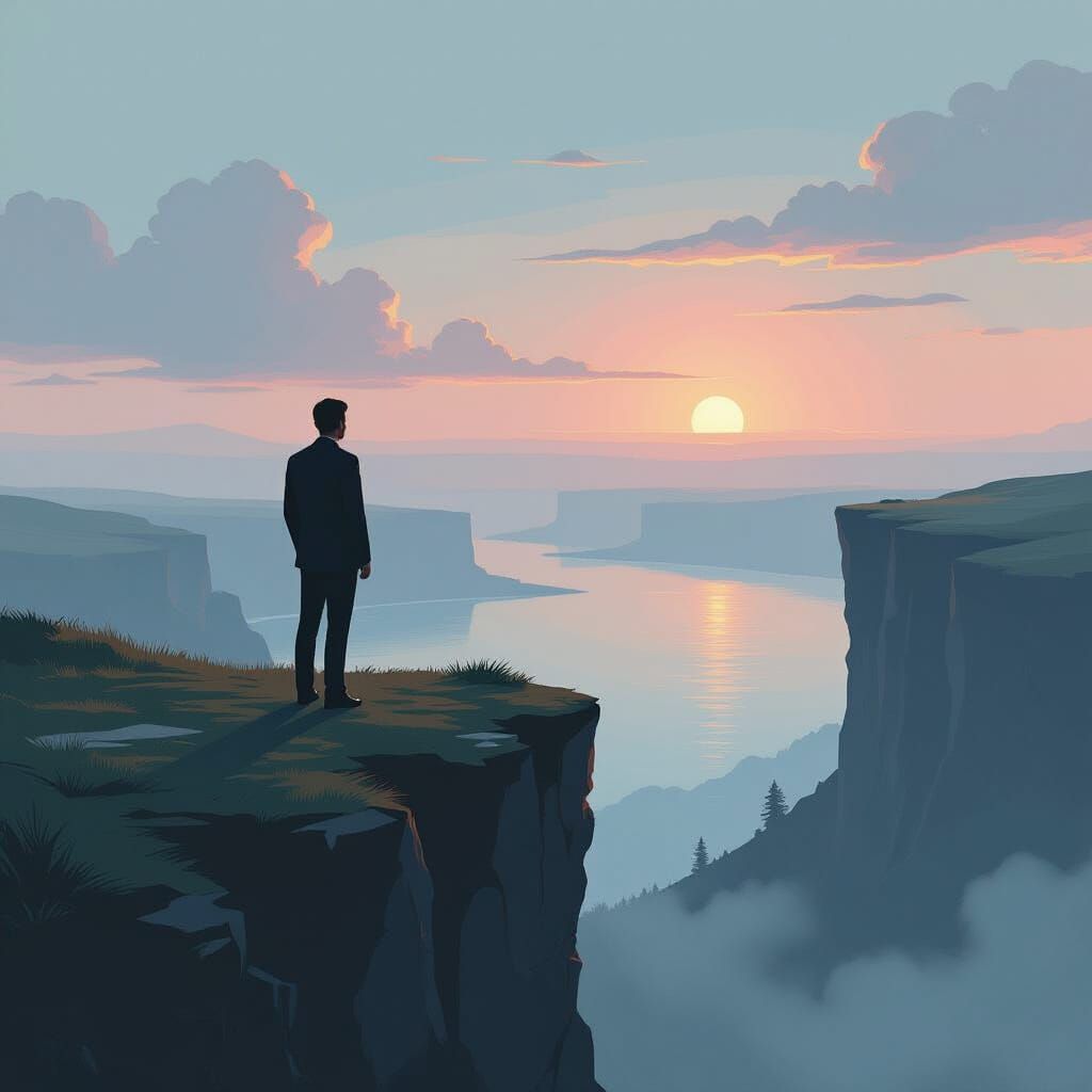 Melancholic Figure at Cliff's Edge: Digital Dystopian Art