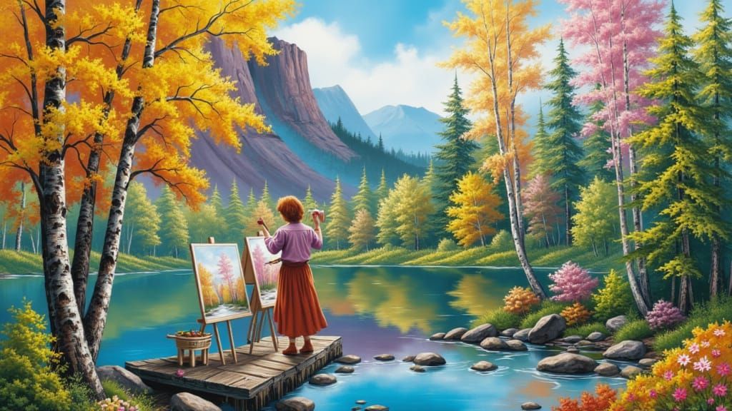 Artist Paints Lake Landscape with Auburn Haired Woman