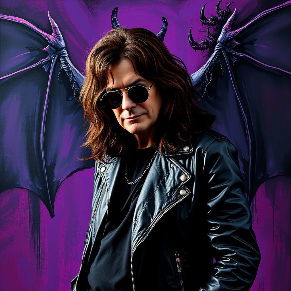 Ozzy Osbourne Portrait with Expressionist Bat Painting