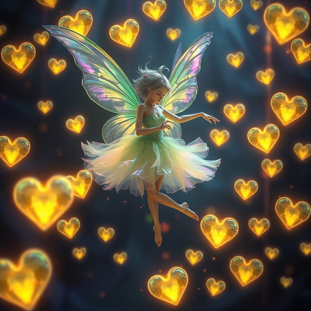 Iridescent Pixie Dances Among Topaz Hearts