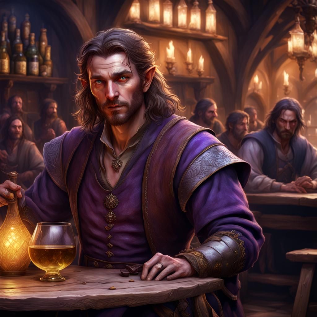 Fantasy Half-Elf Bard in Tavern, Detailed Art