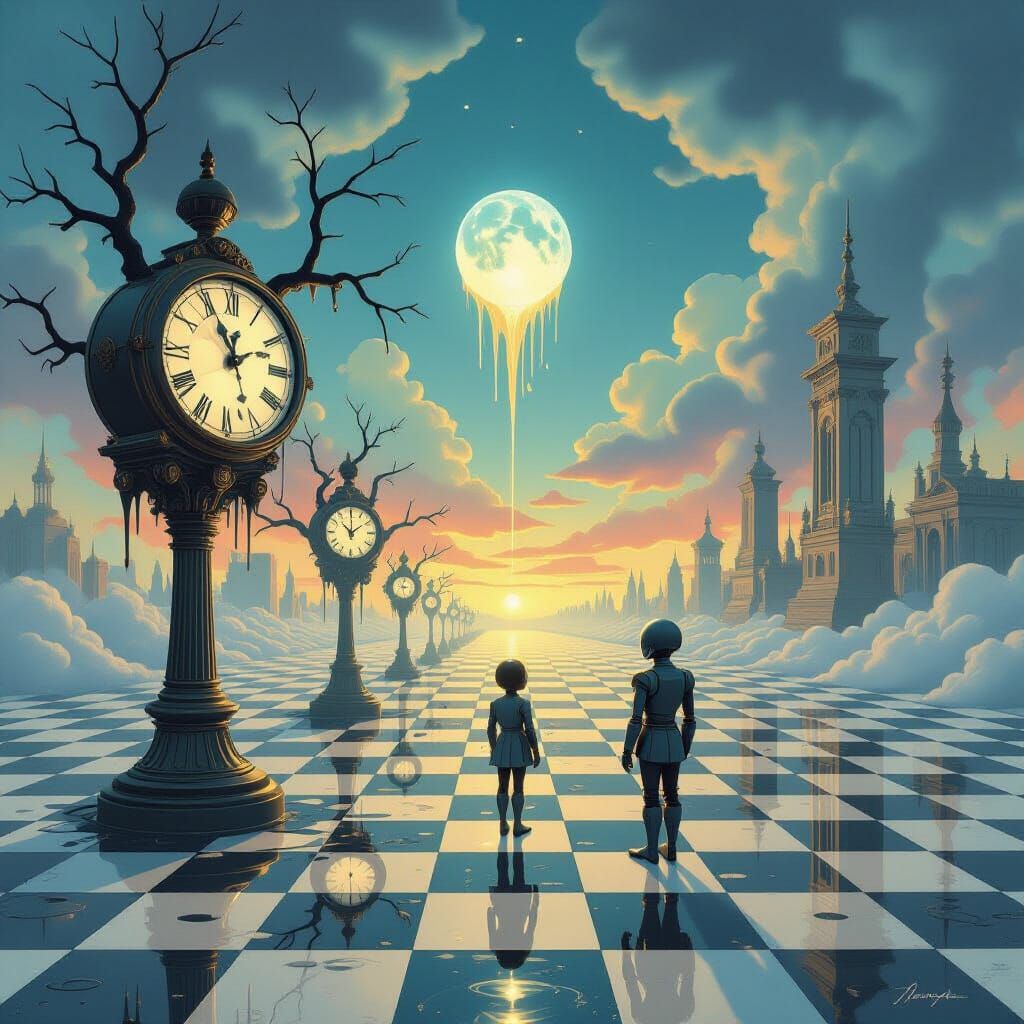 Surreal Dreamscape Robot Contemplates Glowing Orb