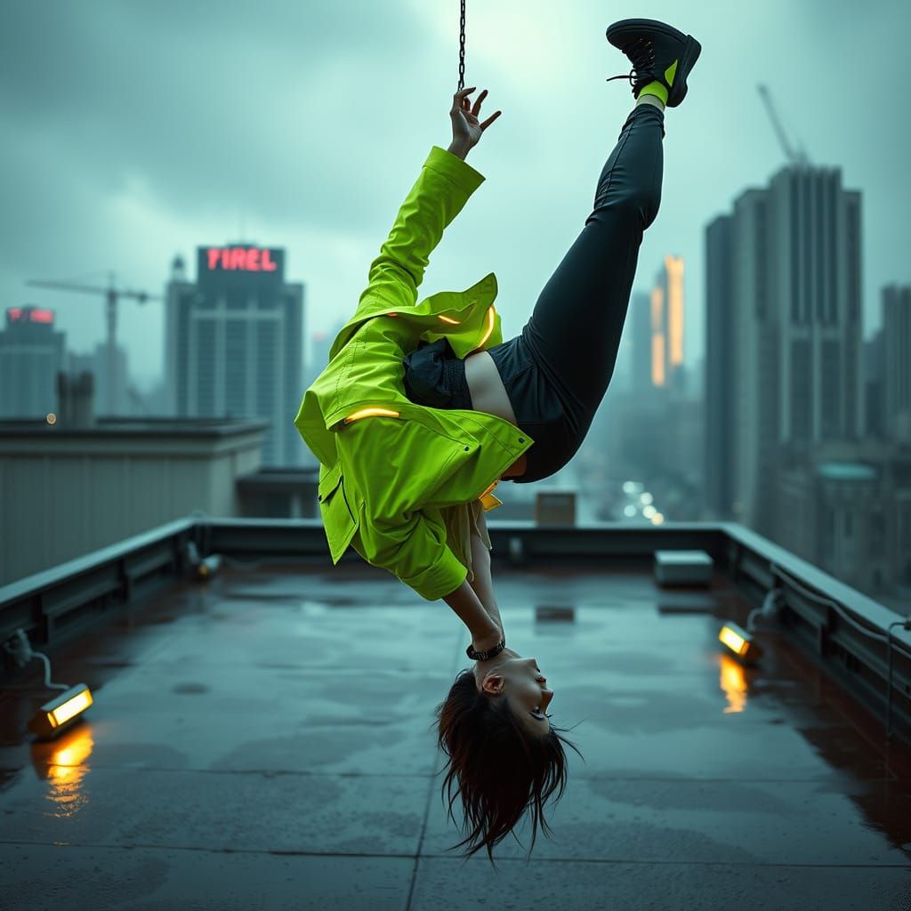 Cyberpunk Punkette Performs Aerial Tricks in Rainy City