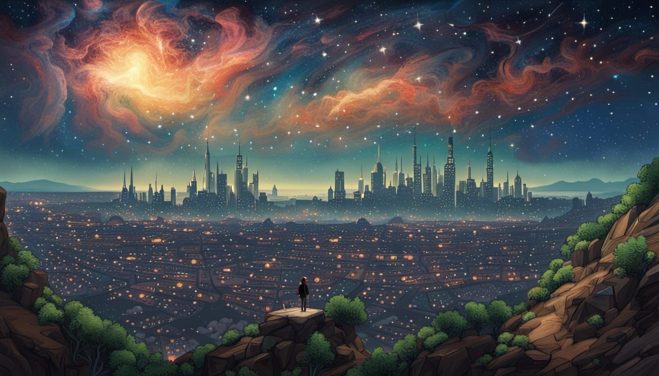 Futuristic City View Under Starry Night Sky