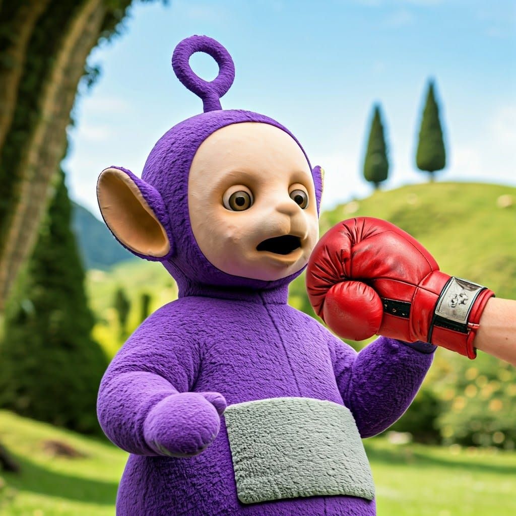 Teletubby Shocked by Brutal Punch in Whimsical Cartoon Style