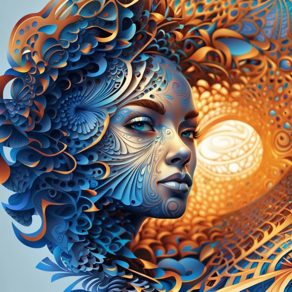 Woman in Blue Fractal Pattern: Digital Vector Art