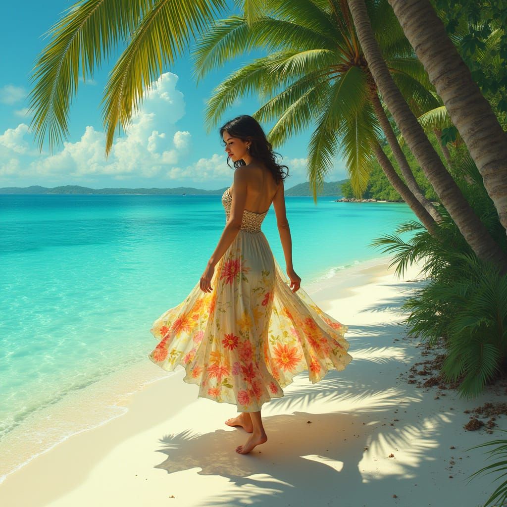 Elegant Woman on Tropical Beach in Art Nouveau Style