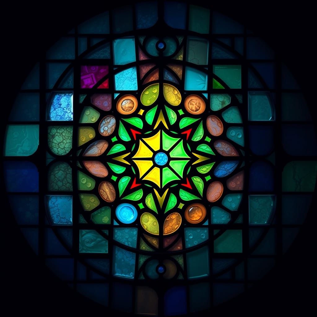 Vibrant Geometric Stain Glass Window in Fantasy Style