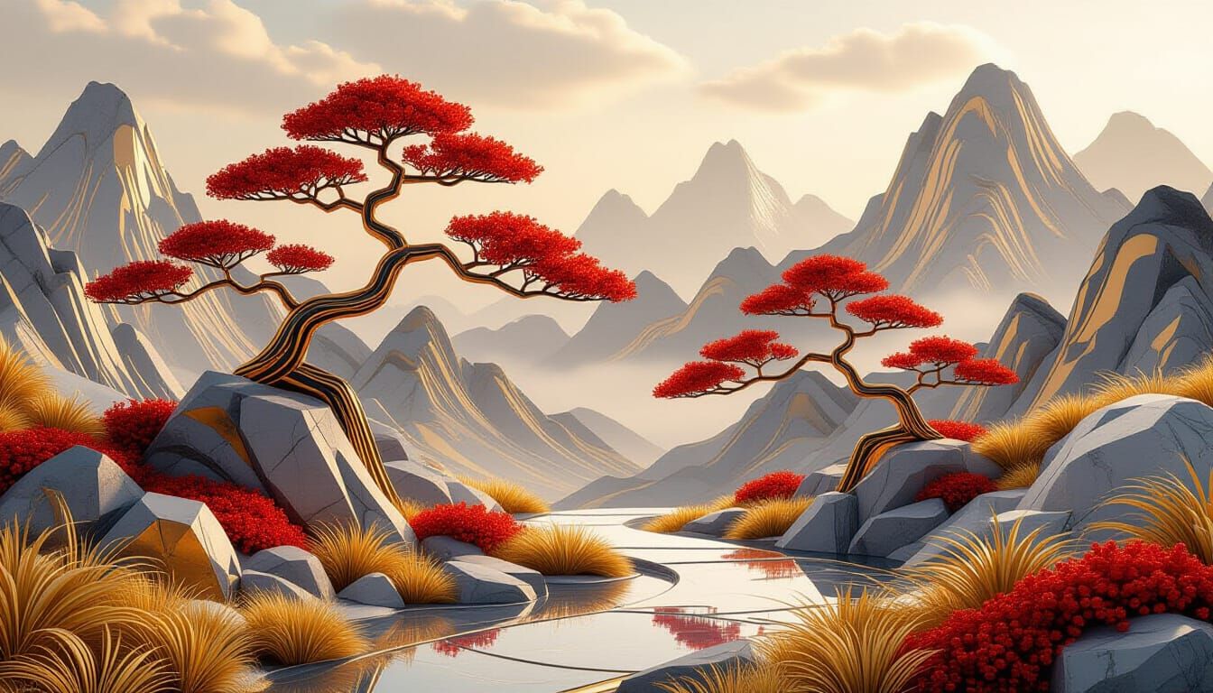 Asian-Inspired Sculptural Landscape in Metallic Tones