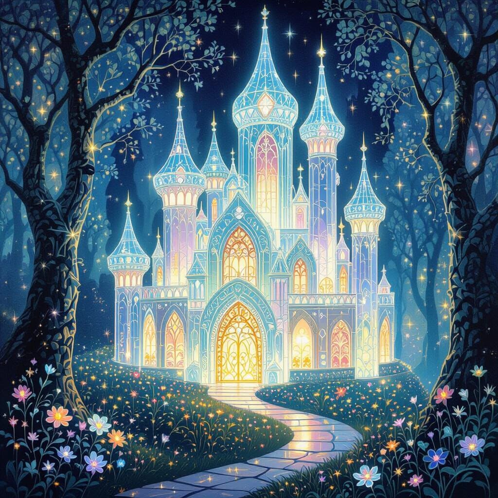 Whimsical Glass Castle in Glowing Kingdom