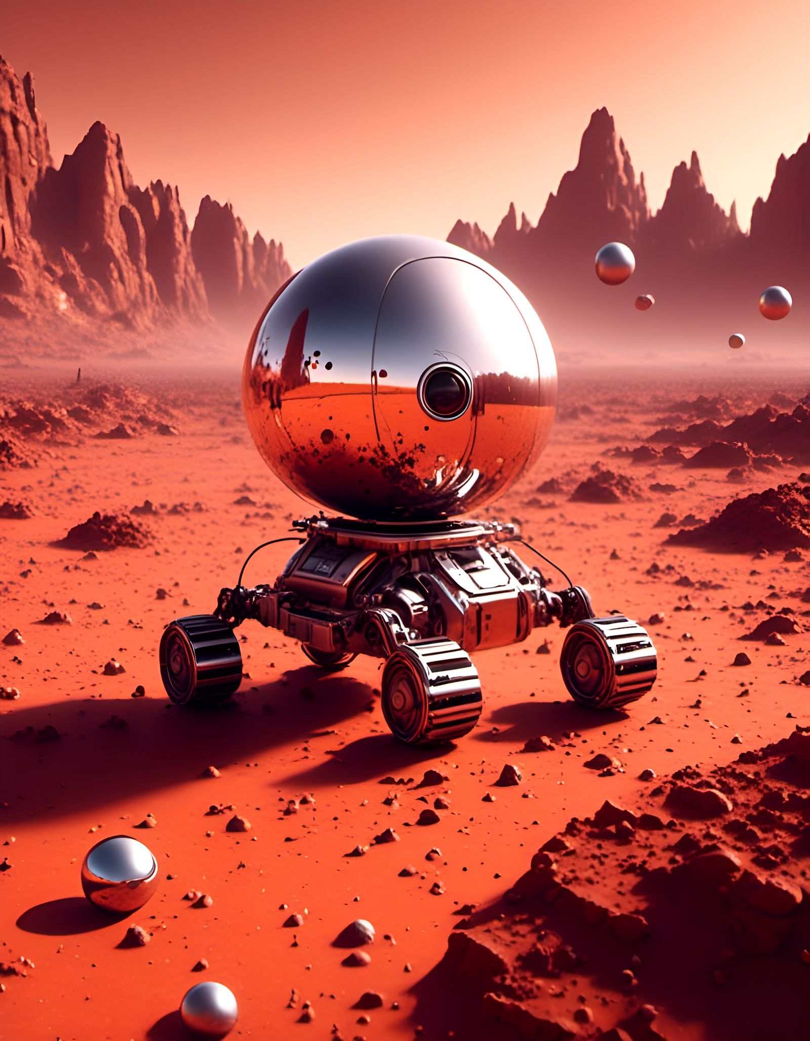 Robot Sphere Floats on Mars: 3D Minimalist Art