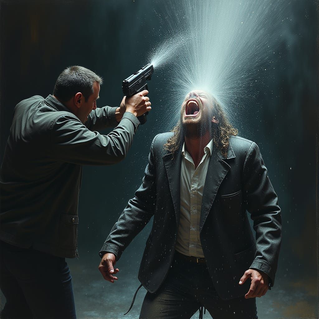 Man Drenched by Water Gun in Dramatic Horror Scene