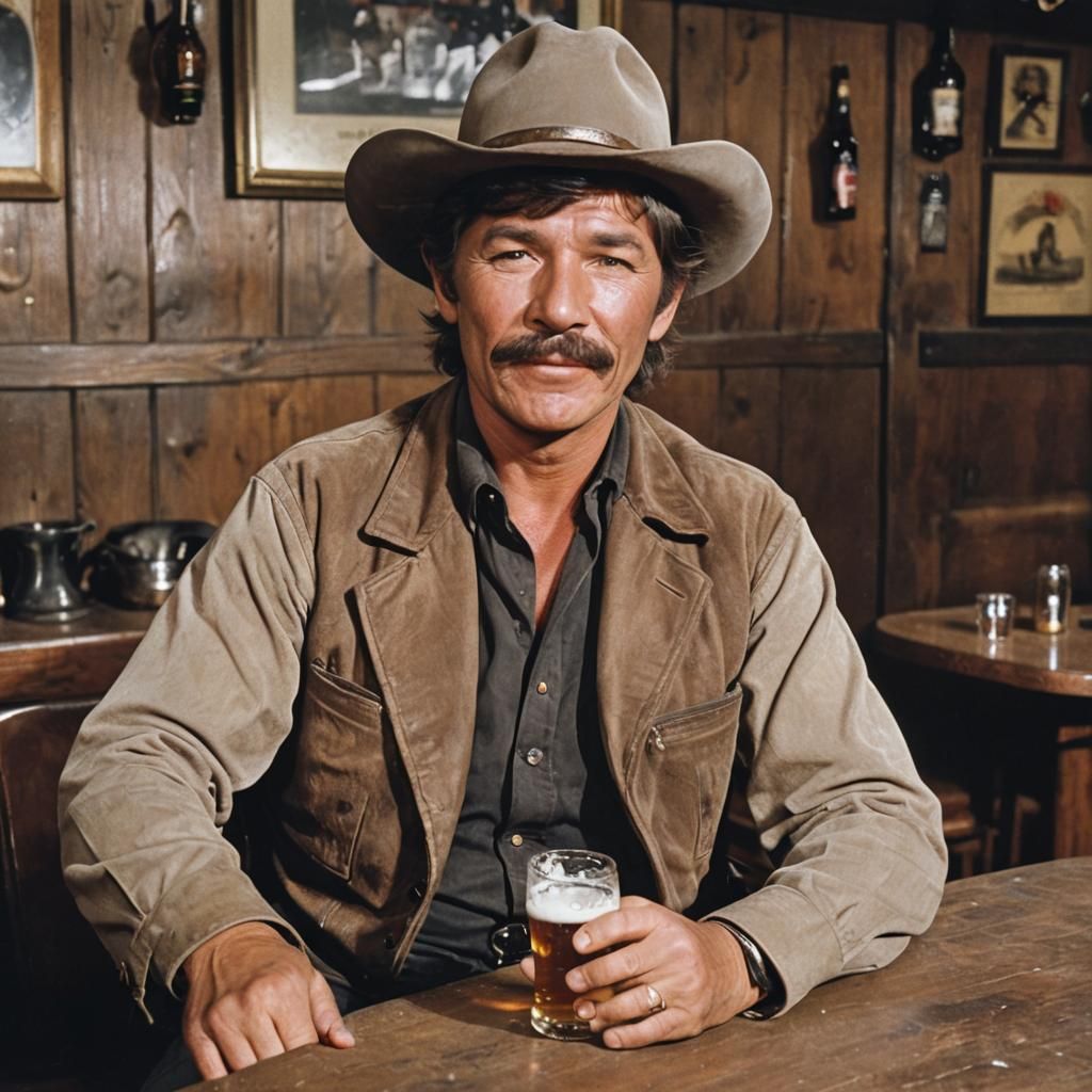 charles bronson sitting in a saloon enjoying a beer