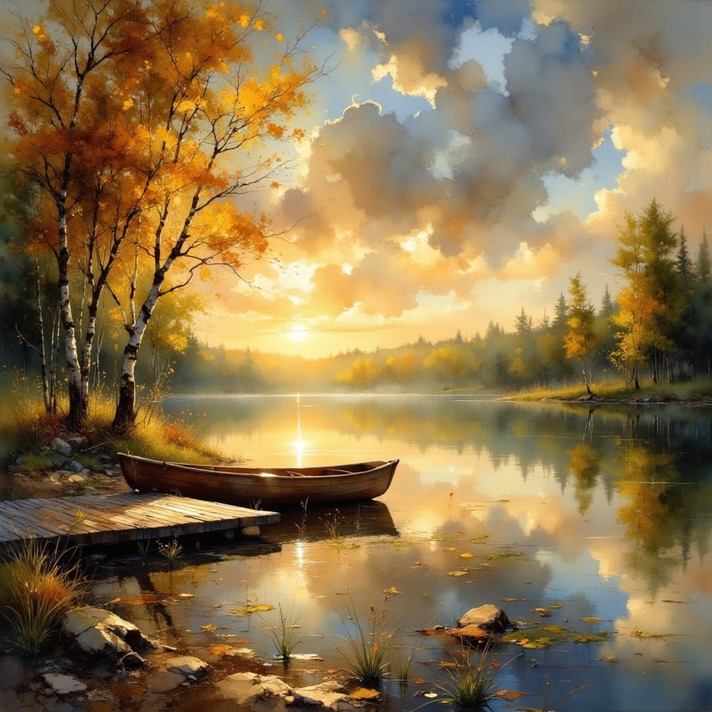 Lakeside Rowboat at Sunset: An Impressionistic Spring Scene
