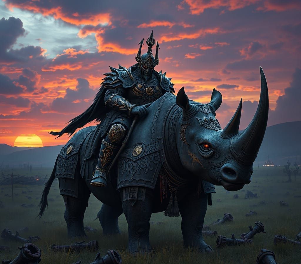 Warrior and Rhinoceros in Dark Fantasy Armor