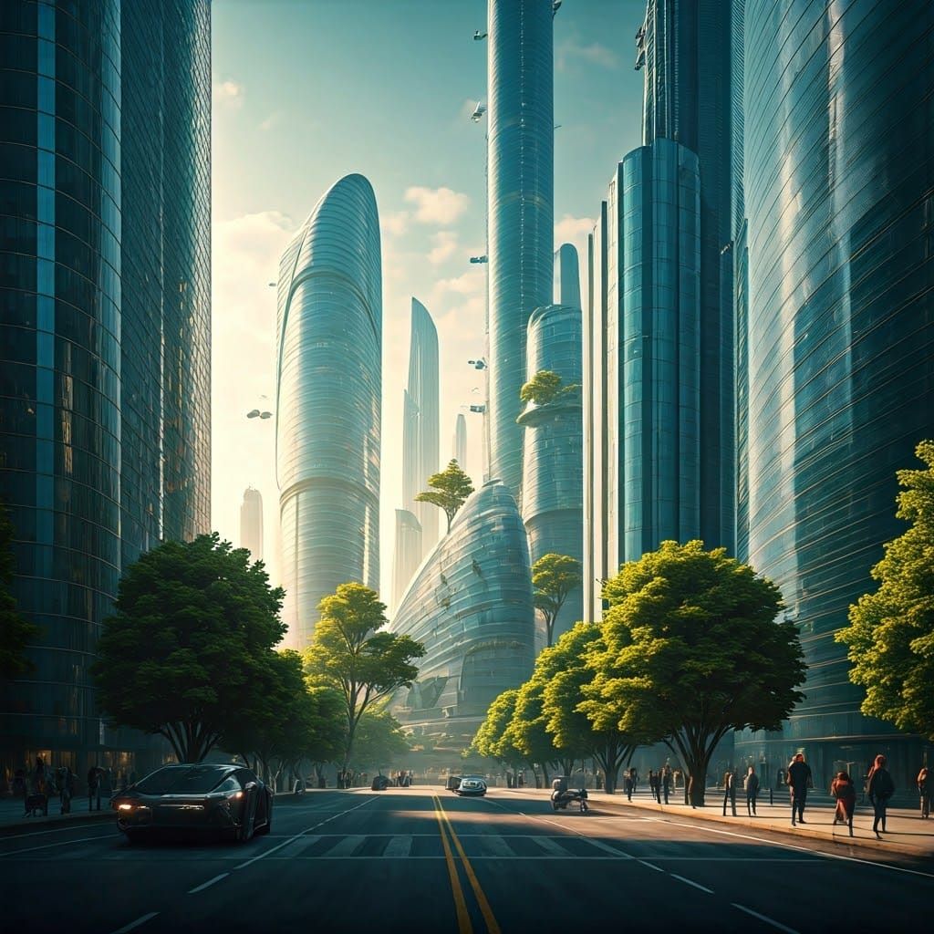 Futuristic Metropolis with Flying Cars in Retrowave Style