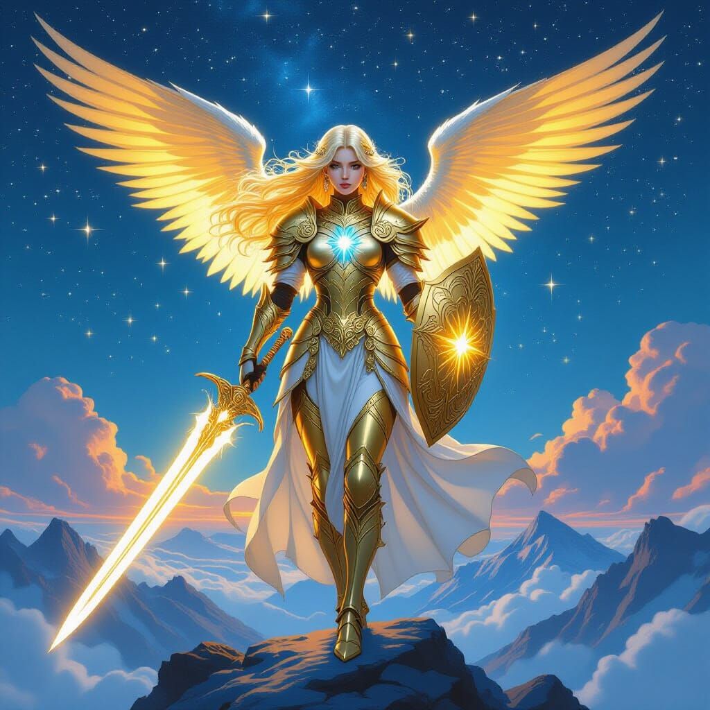 Celestial Angel Overlooking Starry Landscape in Fantasy Styl...