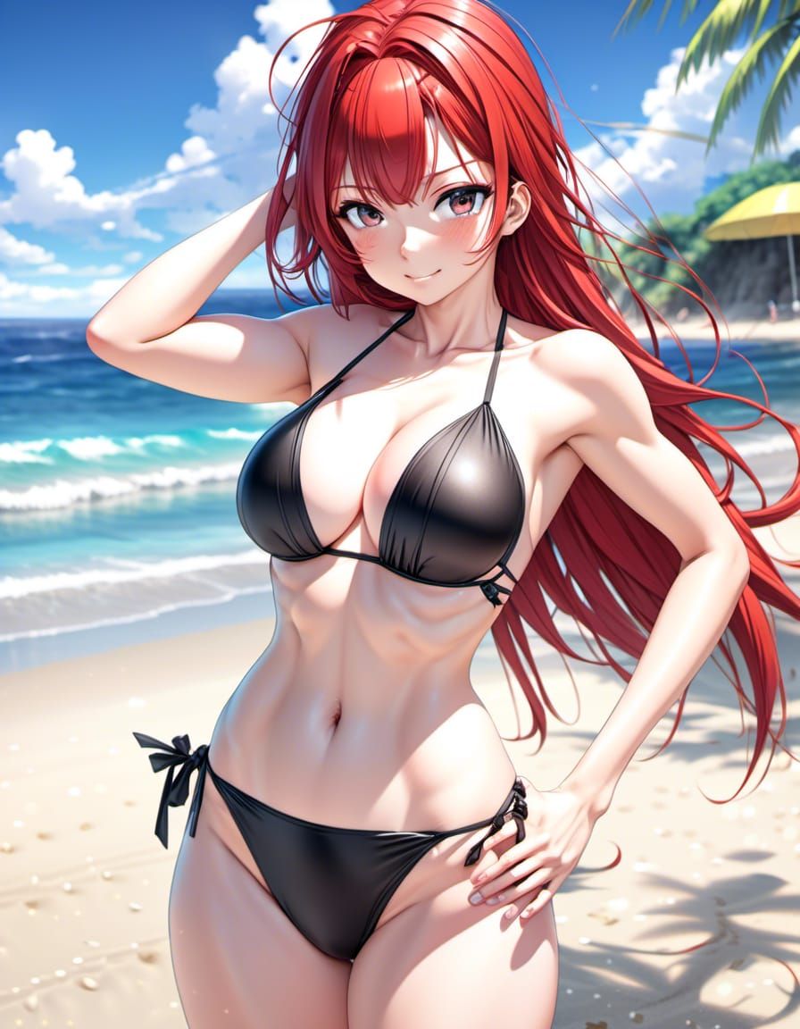 Red Haired Woman at Sunset Beach in Anime Style