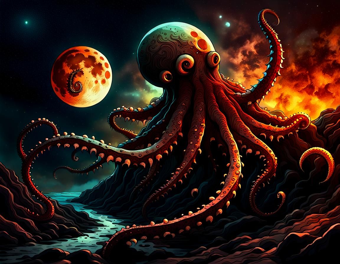 Eerie Tentacled Creature Under Twin Moons