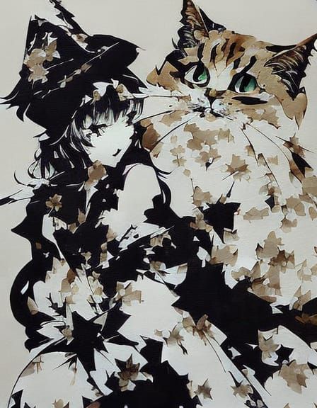 Cute Witch and Cat in Ink Art Style